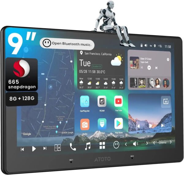 atoto x10g209e 9" double din car stereo, 8g+128g android head unit, wireless carplay & android auto, chatgpt ai control, gps tracking, dual
