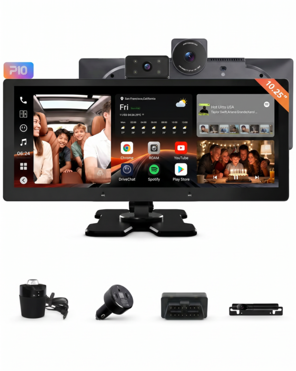 atoto p1025p2m 10.25" portable carplay & android auto display, 8gb+128gb, 4g lte, dual band wi fi, bluetooth, car charger, cup holder mount, atoto p1025p2m 10.25" portable carplay & android auto display, 8gb+128gb, 4g lte, dual band wi fi, bluetooth, car charger, cup holder mount,