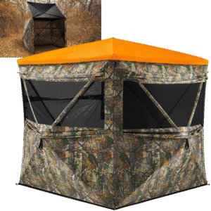 flipguard 270 hunting blind see through blaze orange | portable 3 4 person weatherproof pop up ground blind for deer with big flipping door camo
