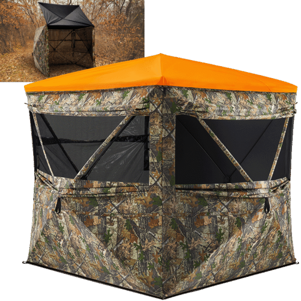 flipguard 270 hunting blind see through blaze orange | portable 3 4 person weatherproof pop up ground blind for deer with big flipping door camo