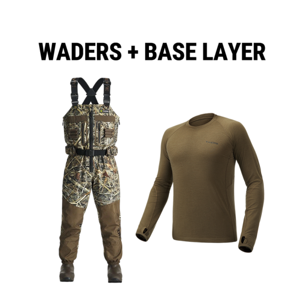breathable waterproof hunting waders & merino 150 men's wool base layer hunting bundle next camo evos wader + merino 150 shirt / 10 / m
