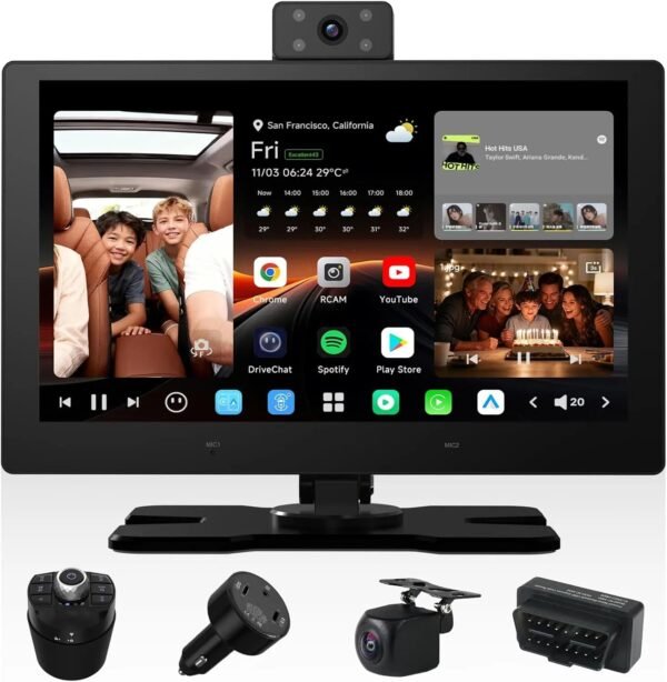 atoto p1009m2m s03 9" portable carplay screen, ai agent android car stereo, front/rear/cabin dvr cameras, obd, ai vision, remote live view, golden