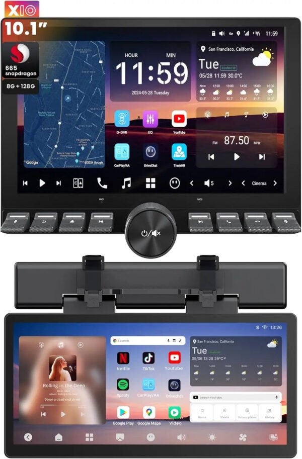 atoto x10g110pesm 10.1" single & double din car stereo with passenger entertainment screen, physical volume knob, ai vision
