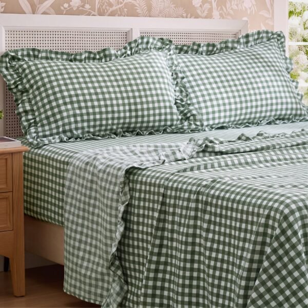 ruffled cotton like gingham sheet set olive green gingham / full ruffled cotton like gingham sheet set olive green gingham / full