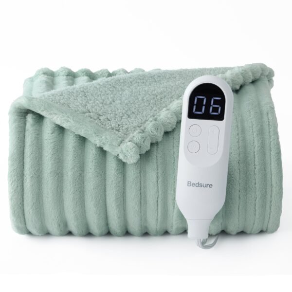 striped flannel heated blanket emerald green / full