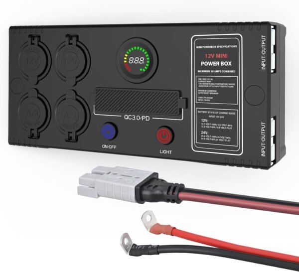 mini power box 12v 24v dc compact design distribution box plug & play multi ports 2 anderson, 3 usb, 3 usb c, 4 cig sockets perfect for outdoors