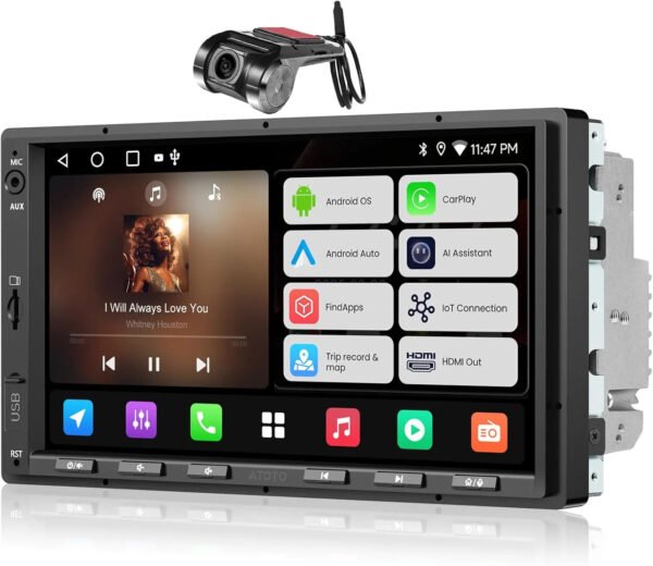 atoto a5lg2a7t 7" double din car stereo, 1080p dash cam, 1280x720 qled touchscreen, 2g+32g, wireless carplay and android auto, wifi and bluetooth