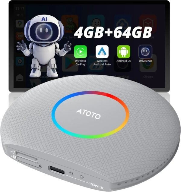 atoto cb6 adattatore carplay wireless/android auto, dongle ai intelligente con gps, bluetooth, 4gb+64gb – compatibile con molte app