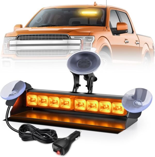 8led amber traffic advisor strobe light bar hazard safety | with vacuum suction emergency dash warning flashing lights front/rear windshield visor