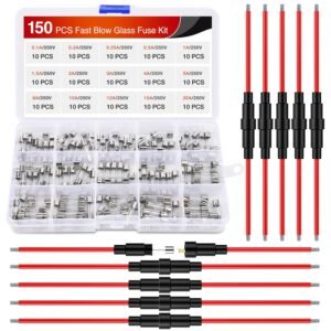 150pcs fast blow glass fuses with 10pcs 5x20mm inline holder screw type16awg 250v 0.1a 0.2a 0.25a 0.5a 1a 1.5a 2a 3a 4a 5a 8a 10a 12a 15a 20a tube