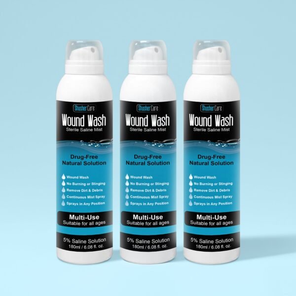 shusher care wound wash spray – sterile 5% hypertonic saline for cuts, scrapes & wound irrigation 3 pack
